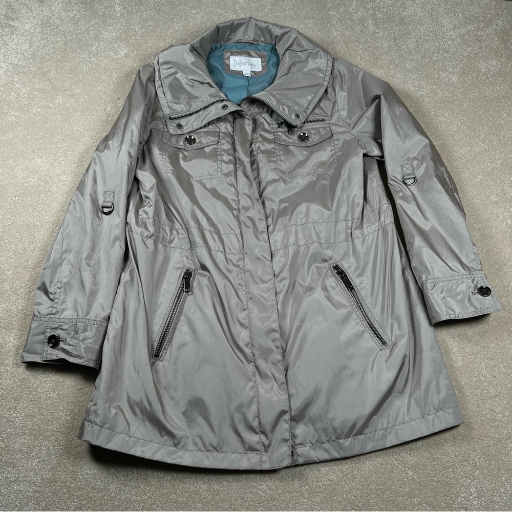 Relativity Jacket Shiny Tan Cinch Waist Snap Zip Front Roll Sleeves women's Lg
